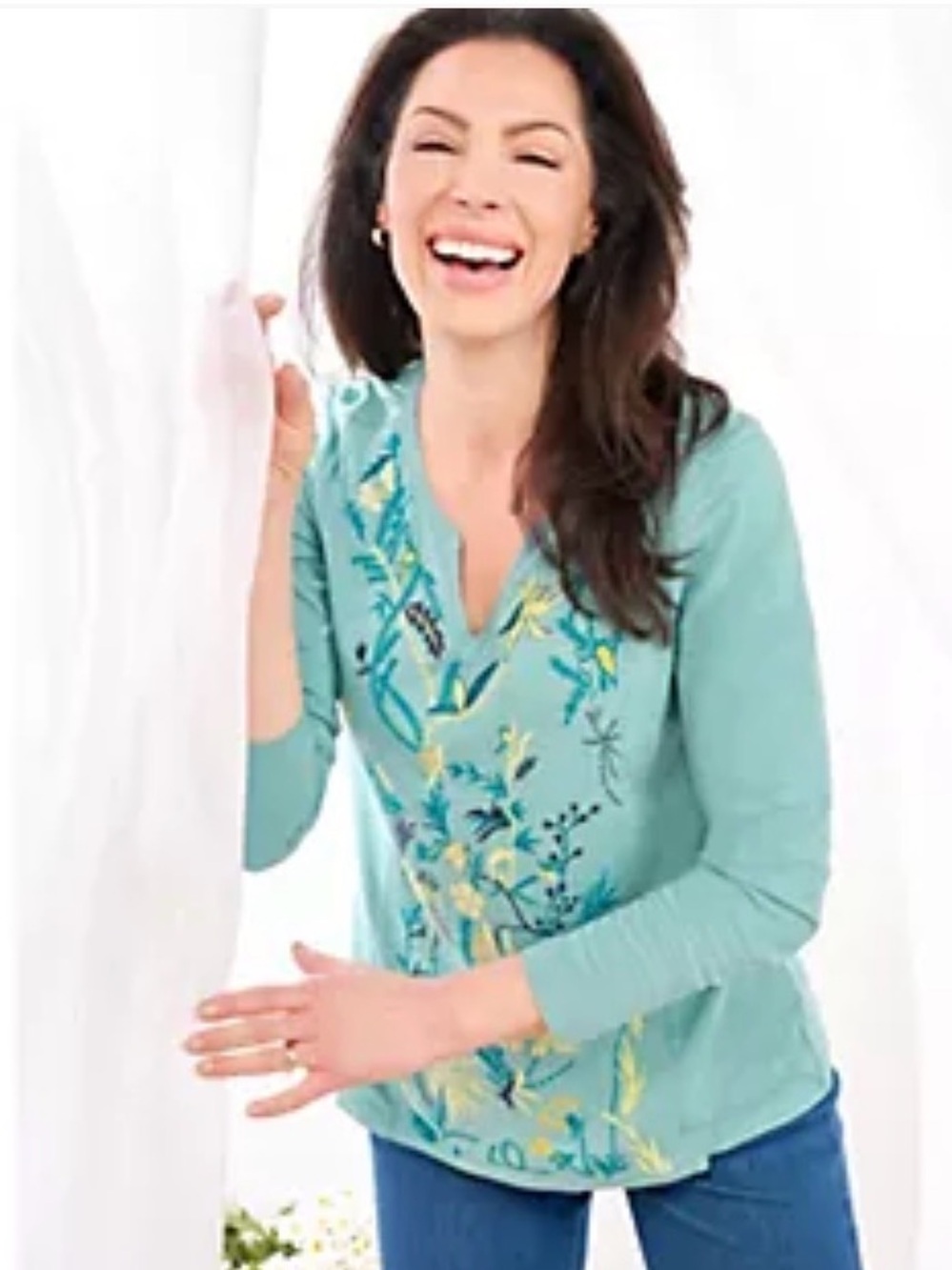 Coldwater Creek Teal Embroidered V-Neck Long Sleeve Top